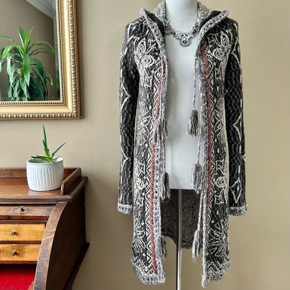 Free People Kai Tassel Pom Pom Tapestry Hooded Long Cardigan Sweater XS - Picture 14 of 16